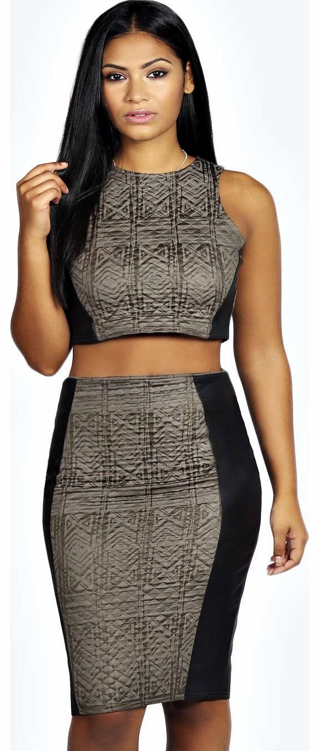 Jade Quilted PU Panel Midi Skirt - khaki azz18515