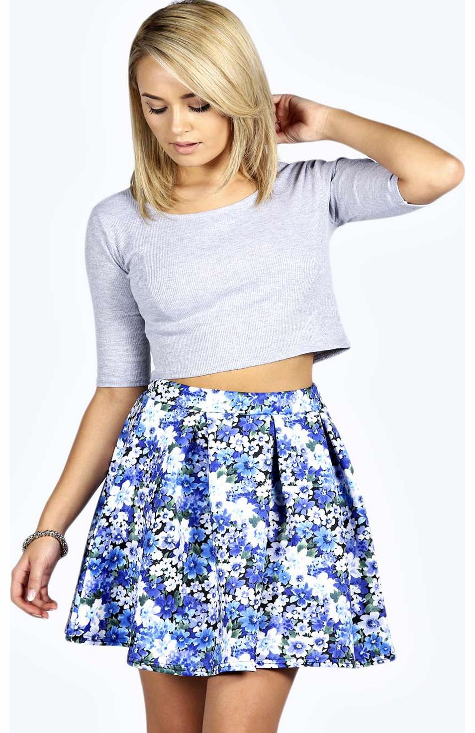 Julie Floral Print Scuba Box Pleat Skater Skirt