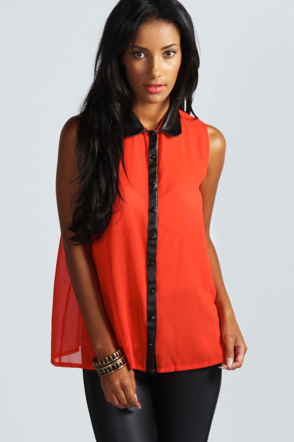 boohoo Katie PU Collar Blouse - red azz45248