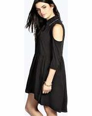 Lara Open Shoulder Dip Hem Shirt Dress - black