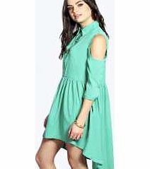 Lara Open Shoulder Dip Hem Shirt Dress - emerald