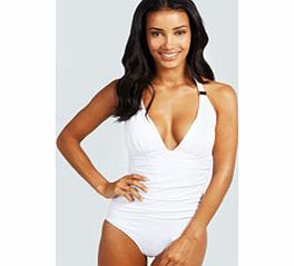 boohoo Manilla Plunge Gold Detail Swimsuit - white