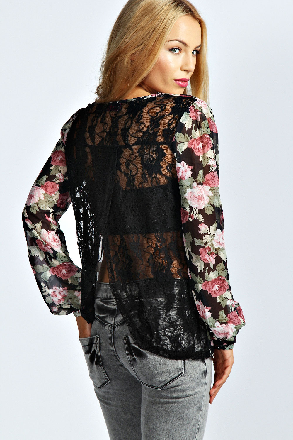 Mia Floral Print Open Back Lace Blouse -