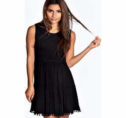 Millie Pom Pom Hem Smock Dress - black azz22537