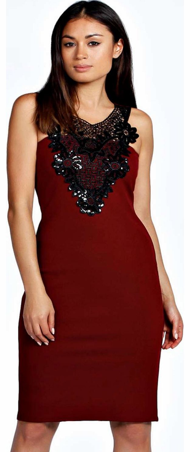 Minna Embellished Lace Front Midi Dress - berry