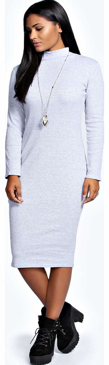 Monica Ribbed Turtle Neck Midi Dress - grey marl