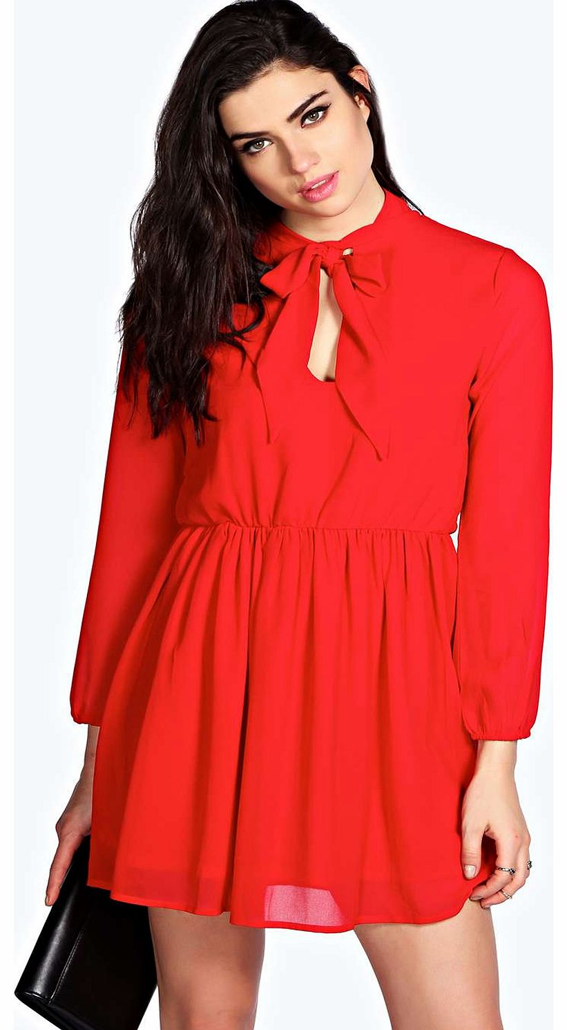 Patty Pussy Bow Chiffon Skater Dress - red