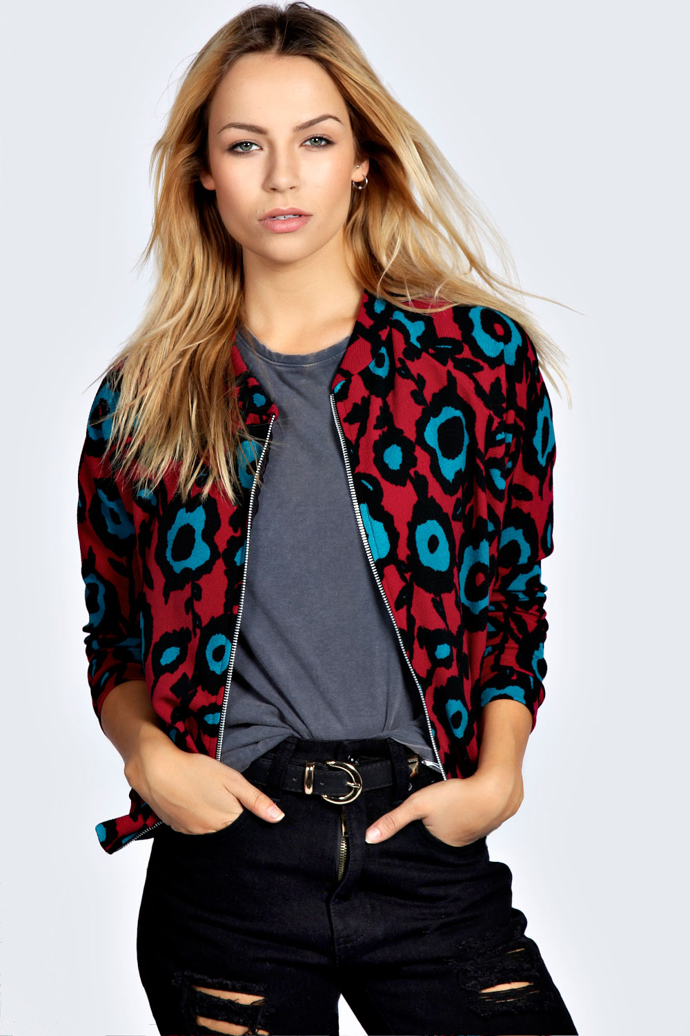 Pheobe Flower Bomber Jacket - berry