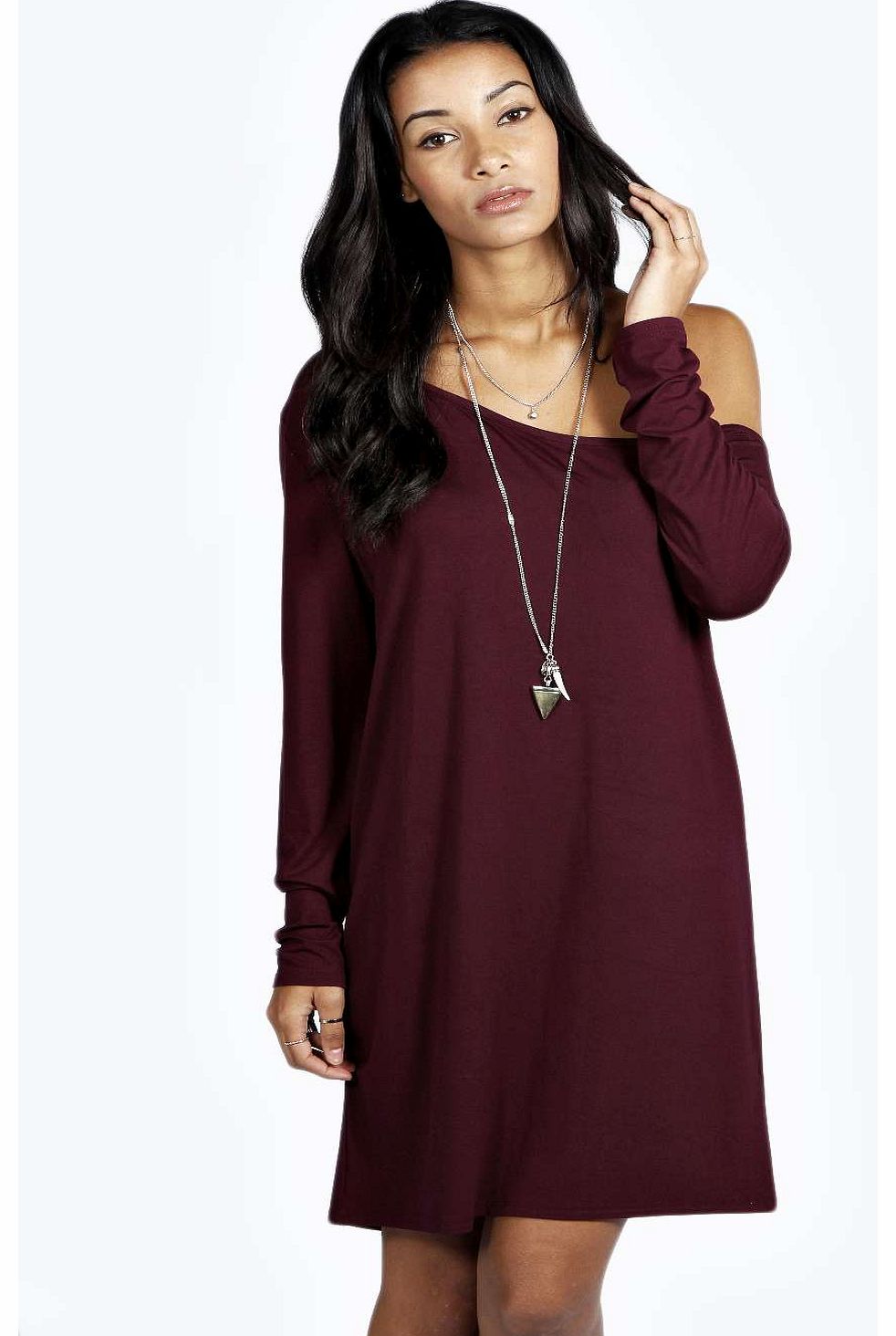 Rita Slash Neck Long Sleeve Slouch Dress - berry