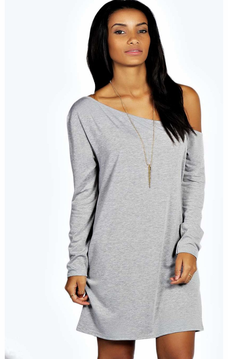 Rita Slash Neck Long Sleeve Slouch Dress - grey