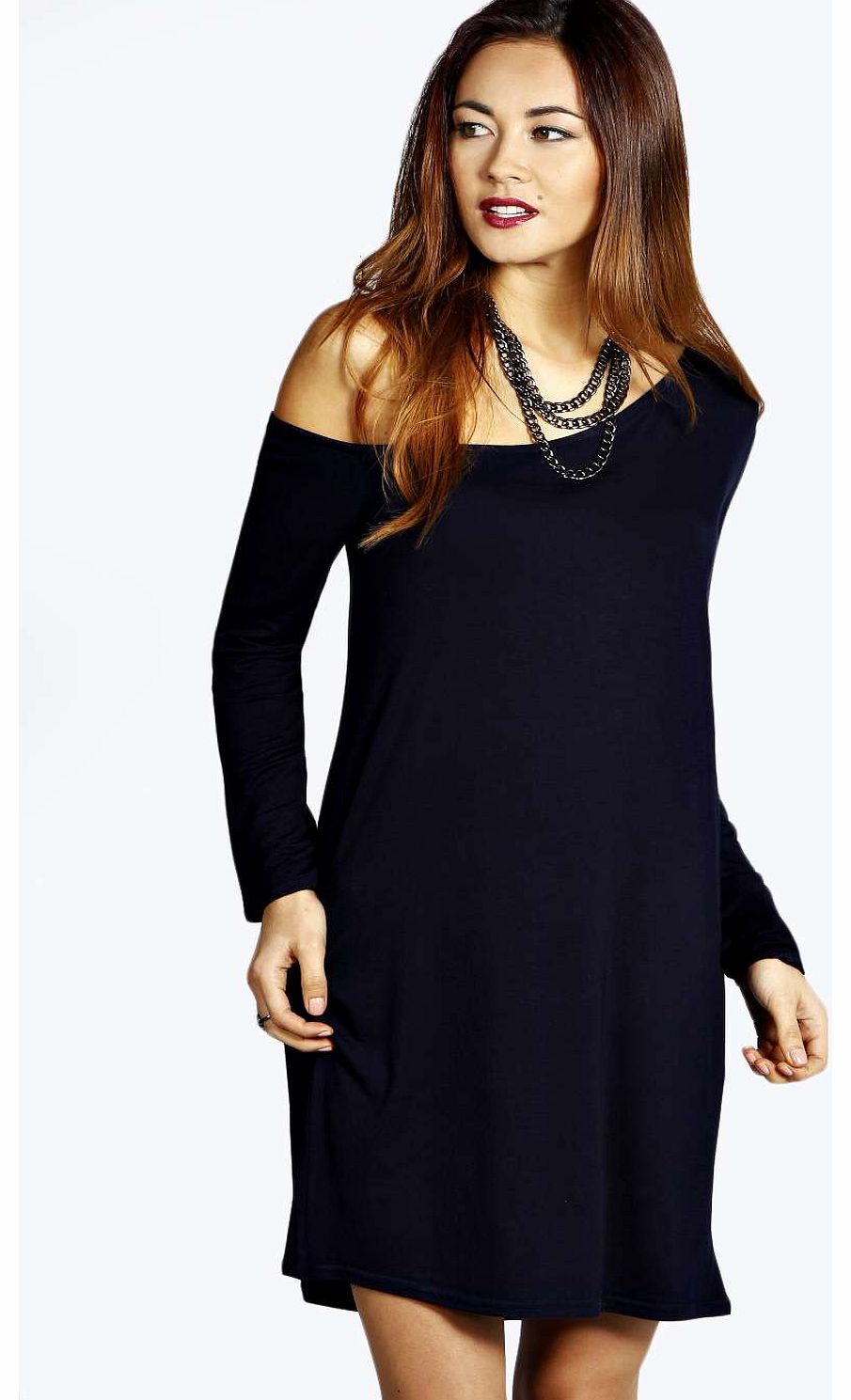 Rita Slash Neck Long Sleeve Slouch Dress - navy