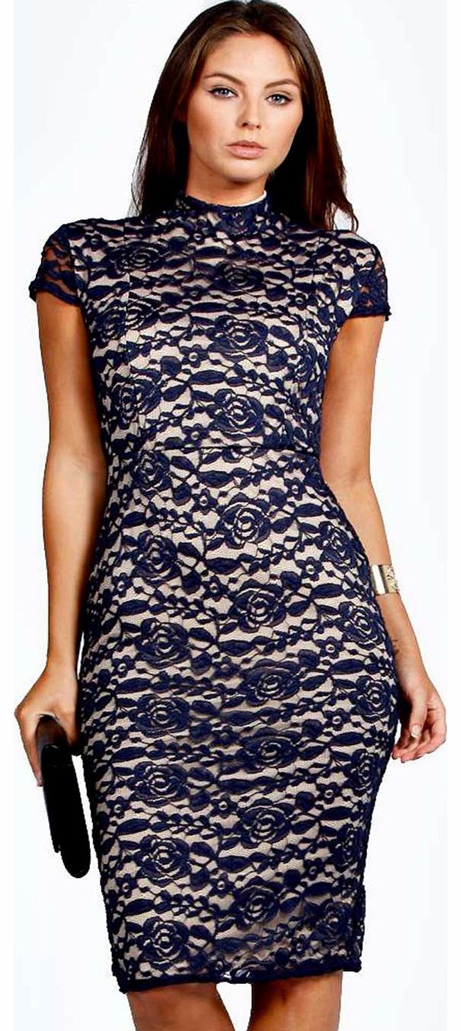 Rosie High Neck Lace Bodycon Midi Dress - navy