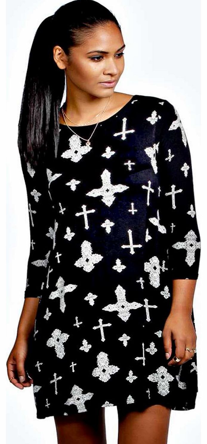 Sabrina Cross Print Swing Dress - black azz18774