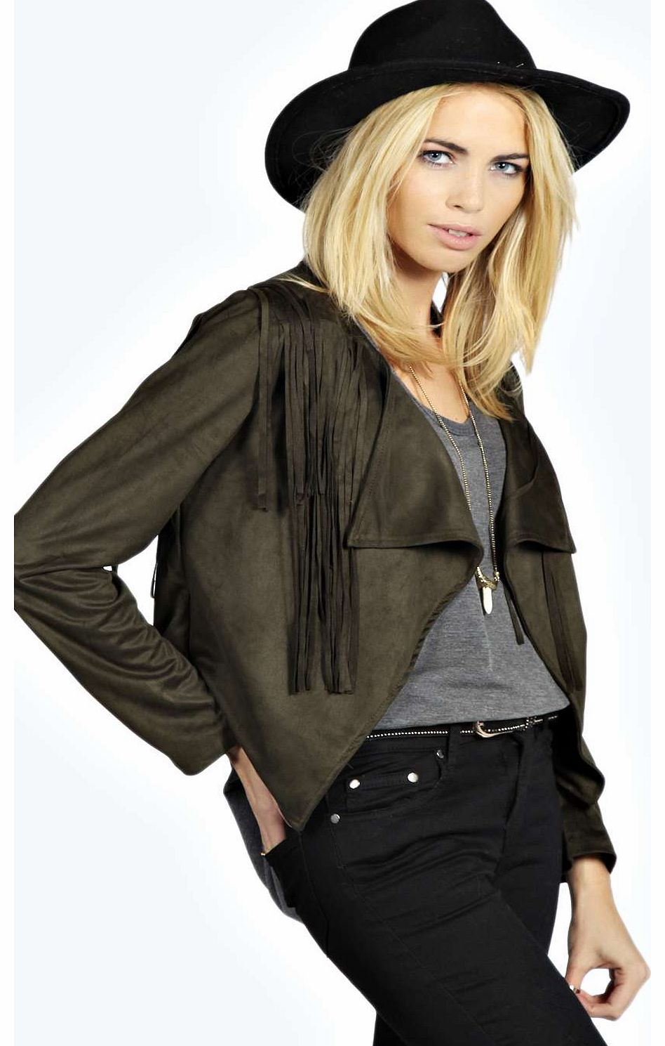 Suedette Tassel Jacket - khaki azz18760