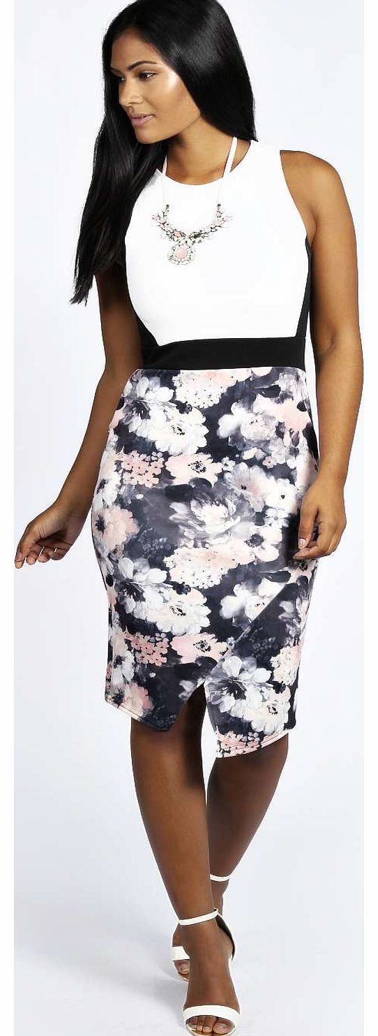 Talia Floral Contrast Asymetric Midi Bodycon