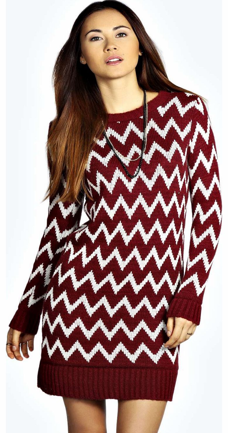 Tally Laguna Knit Zig Zag Jumper Dress - wine