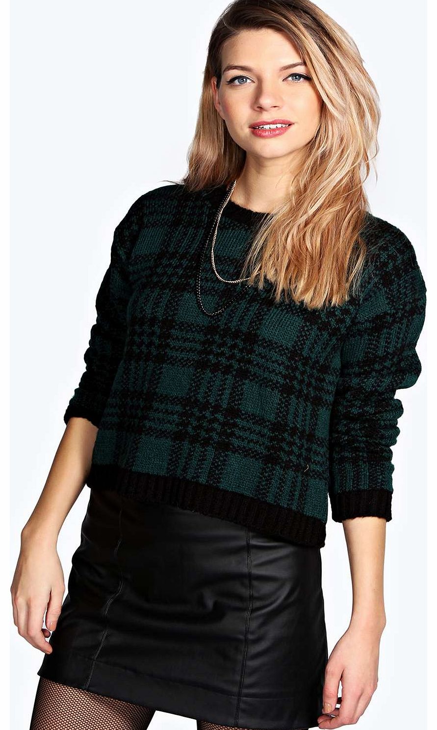 Tara Crop Tartan Soft Knit Jumper - bottle