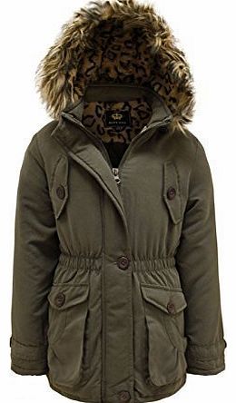  GIRLS KIDS FUR HOODED MILITARY CANVAS PARKA JACKET COAT KHAKI 11-12