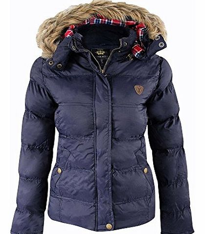 Ladies Womens Brave Soul Designer Fur Hooded Short Jacket Quilted Puffer Padded Coat UK 14 / US 12/ AUS 16/ EU 42/ Large Navy Blue