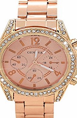 Broadfashion Geneva Womens Fashion Crystal Stainless Steel Analog Quartz Wrist Watch (Rose Gold)