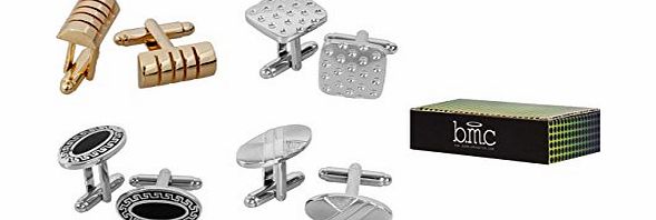 4pc Mens Classic Modern Ornate Pattern Style Dress Shirt Cufflinks Mix Design Set - Silver/Brass Finish - Set 1