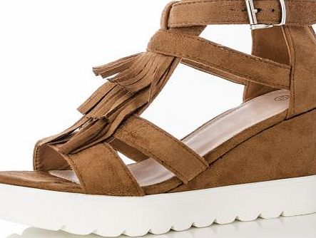 Camel Fringe Strap Wedges