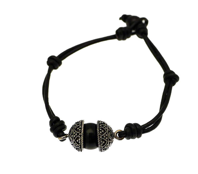 Silver & Black Leather Bracelet -AUT1