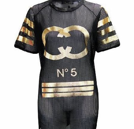 C45 WOMEN LADIES AIR TECH VARSITY NO.5 GOLD FOIL AMERICAN BASKETBALL T-SHIRT TOP (M/L(UK12-14), BLACK)