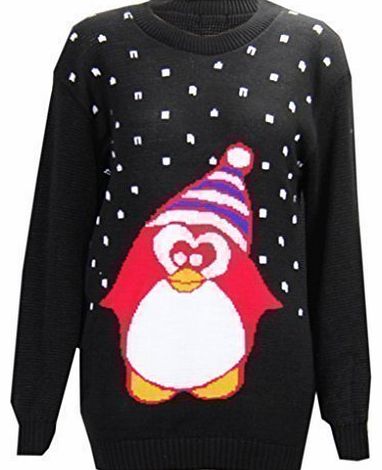 U23 NEW WOMENS LADIES PENGUIN SNOWFLAKE CHRISTMAS XMAS KNITTED PLUS SIZE JUMPER (M/L (UK 12-14), BLACK)