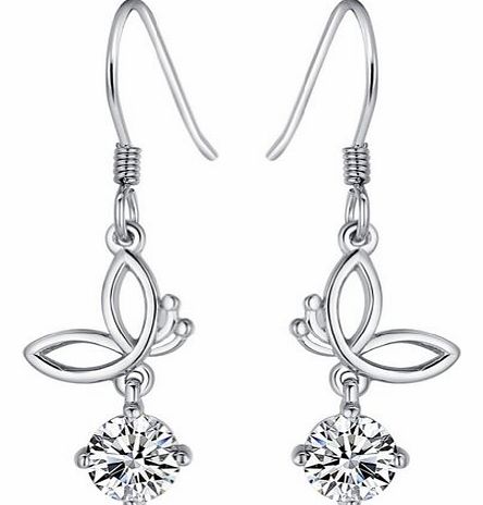  925 Sterling Silver Rhodium Plated Cubic Zirconia Butterfly Drop Earring Women