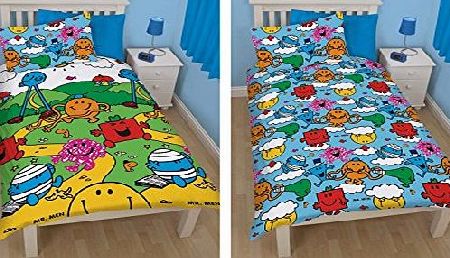 OFFICIAL Mr Men and Little Miss Men and Little Miss Village Single Rotary Duvet Set Children Reversible Single Bed Set Duvet Pillowcase Set (MMV1)