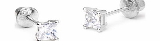 Children Earrings by Lovearing 925 Sterling Silver Rhodium Plated Silver 3mm Princess Cut Stud Children Screwback Earrings Baby, Toddler, Kids amp; Girls