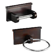 Dark Wood Toilet Roll Holder & Towel Ring