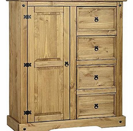 1 Door 4 Drawer Low Wardrobe in Distressed Waxed Pine