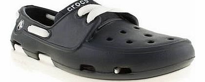 kids crocs navy & white beach line boat shoe