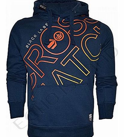 Mens Designer Casual Hooded Sweatshirt Over Head Slanted Print Top Large Navy Blue- Untwist Bright Hoodie with Pockets Hood