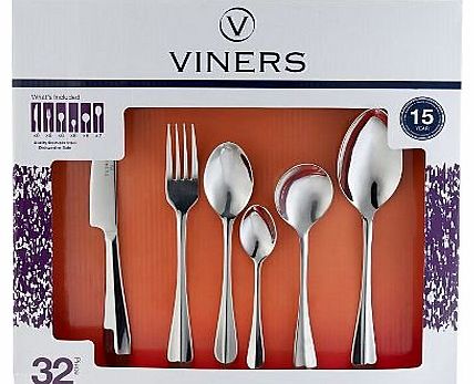 Viners 32 Piece Polished Heavy Duty Stainless Steel Breeze Cutlery Set ( 6 of each - dinner knife, dinner fork, soup spoon, dessert spoon,teaspoon & 2 serving spoons) - Dishwasher Safe & 10 Ye