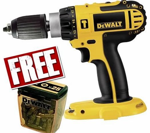  18v CORDLESS PROFFESIONAL HAMMER DRILL DC725 BARE UNIT IN DEWALT HEAVY DUTY CARRYING CASE +FREE 25 PIECE DEWALT pz2 SET