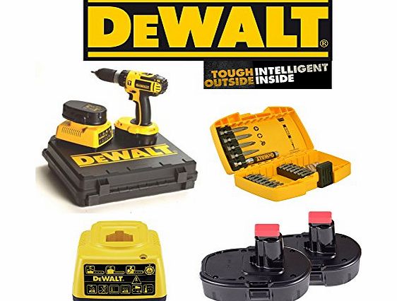  DC725 Cordless 18v Volt Combi Hammer Drill With 2 x Batteries DE9098, 1 Hour Charger DE9116 amp; 21 Piece Dewalt Accessory Kit