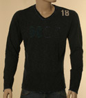 Mens Blue & Black V-Neck Long Sleeve Cotton T-Shirt