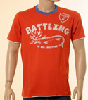 Mens Orange with Blue Neck & Light Grey Print Cotton T-Shirt