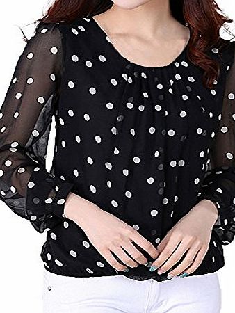 DJT Women Spot Shirt Fashion Polka Dot Chiffon Long Sleeve Pullover T-Shirt Tops Blouses Black White Size L