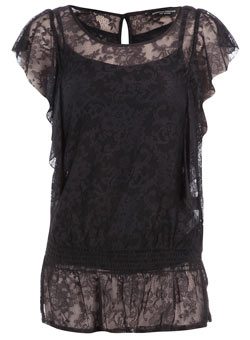 Dorothy Perkins Black lace shirred hem top