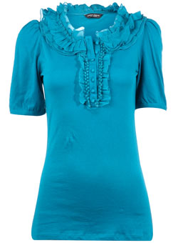 Teal ruffle pocket blouse