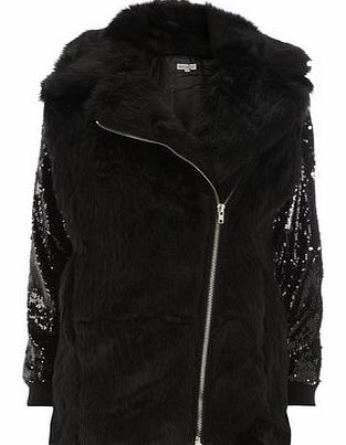 Womens Alice  You Black Sequin Sleeve Fur Coat-