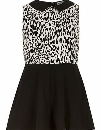 Womens Black + white leopard playsuit- Black