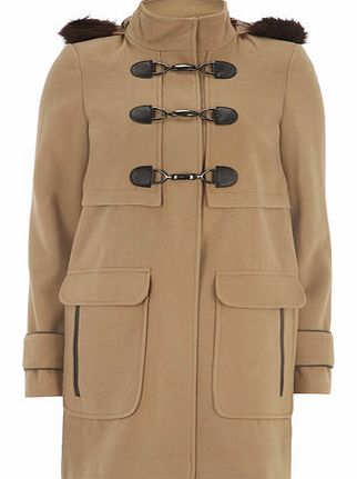 Womens Camel Plush Faux Fur Duffle Coat- Camel