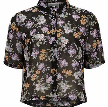 Womens Floral Chiffon Cropped Blouse- Black