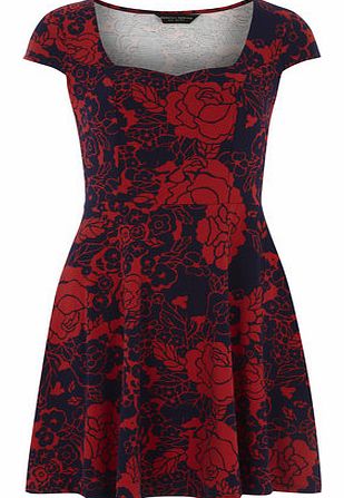 Womens Floral Print Sweetheart Dress- Blue