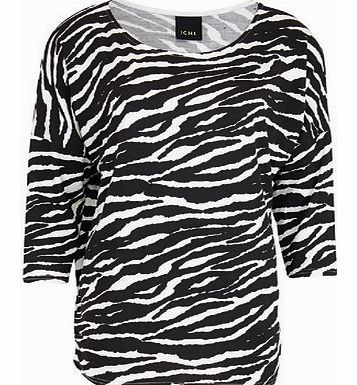 Womens Ichi Zebra print 3/4 Sleeve Top- Cream